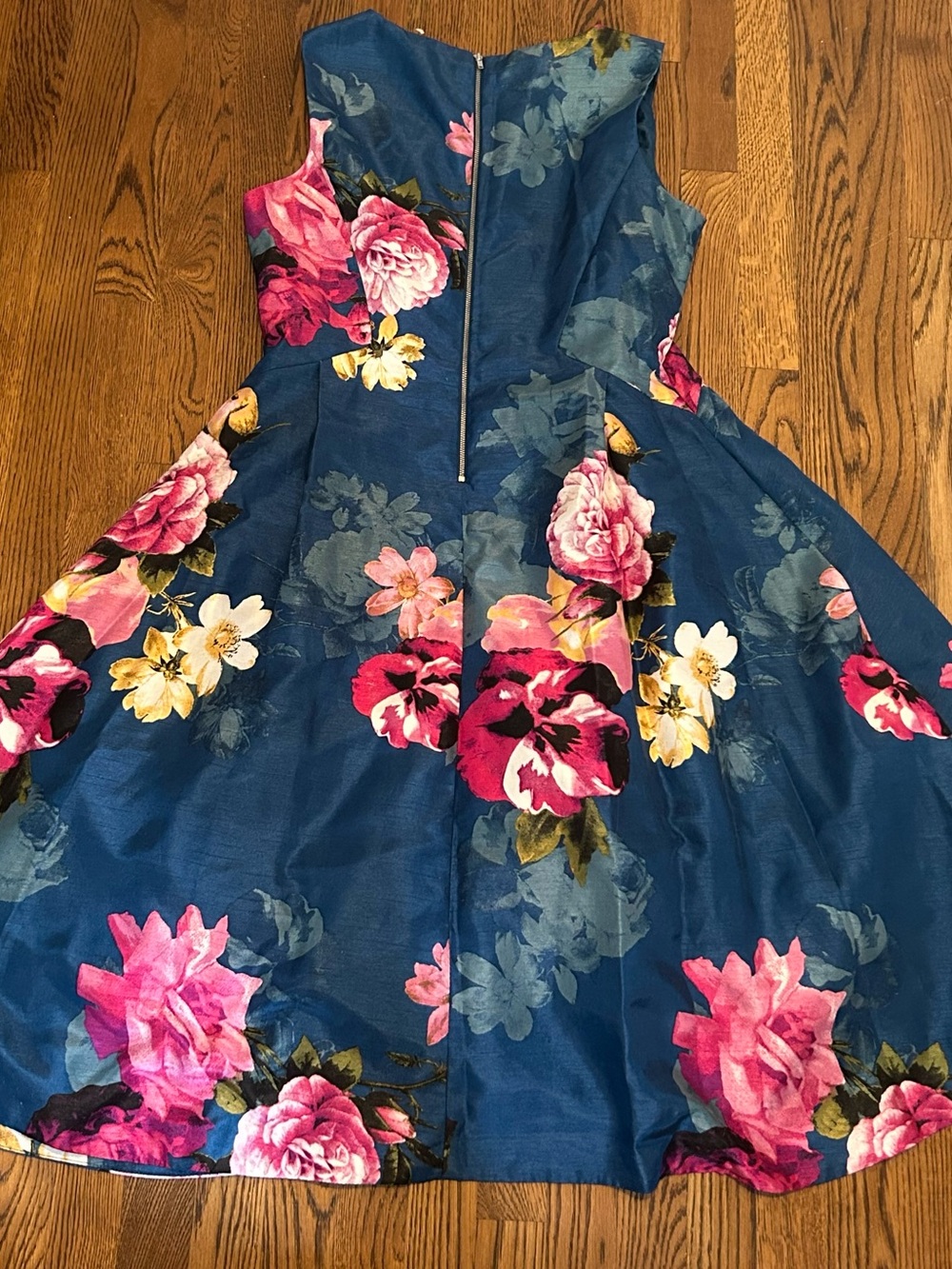 Roz & Ali Formal Teal Navy Floral Midi Cocktail Dress with Pink Blooms - Picture 6 of 11